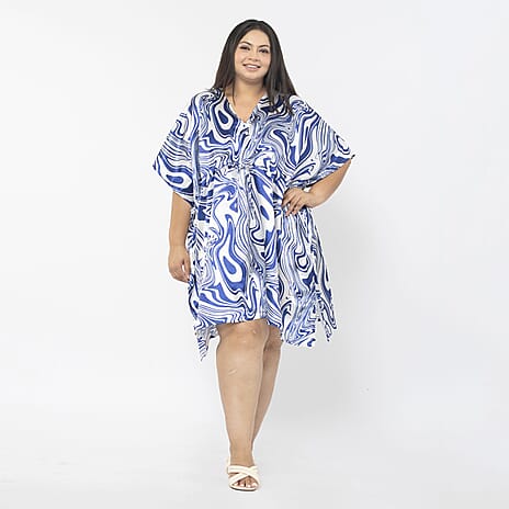 Tamsy Exclusive Swirl Print Short Kaftan (One Size, 8-18) - Blue & White