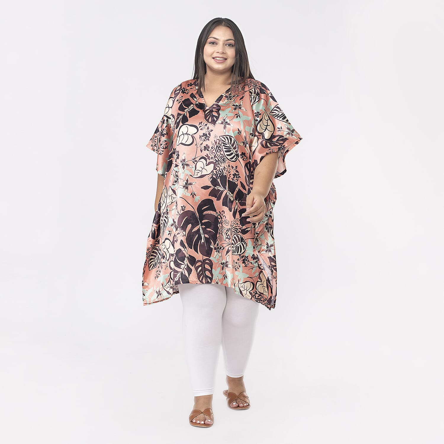 TAMSY Exclusive Boho Leaf Printed Short Kaftan with Pocket (One Size,8-18) - Orange