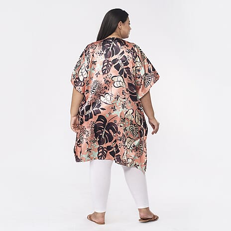 TAMSY Exclusive Boho Leaf Printed Short Kaftan with Pocket (One Size,8-18) - Orange