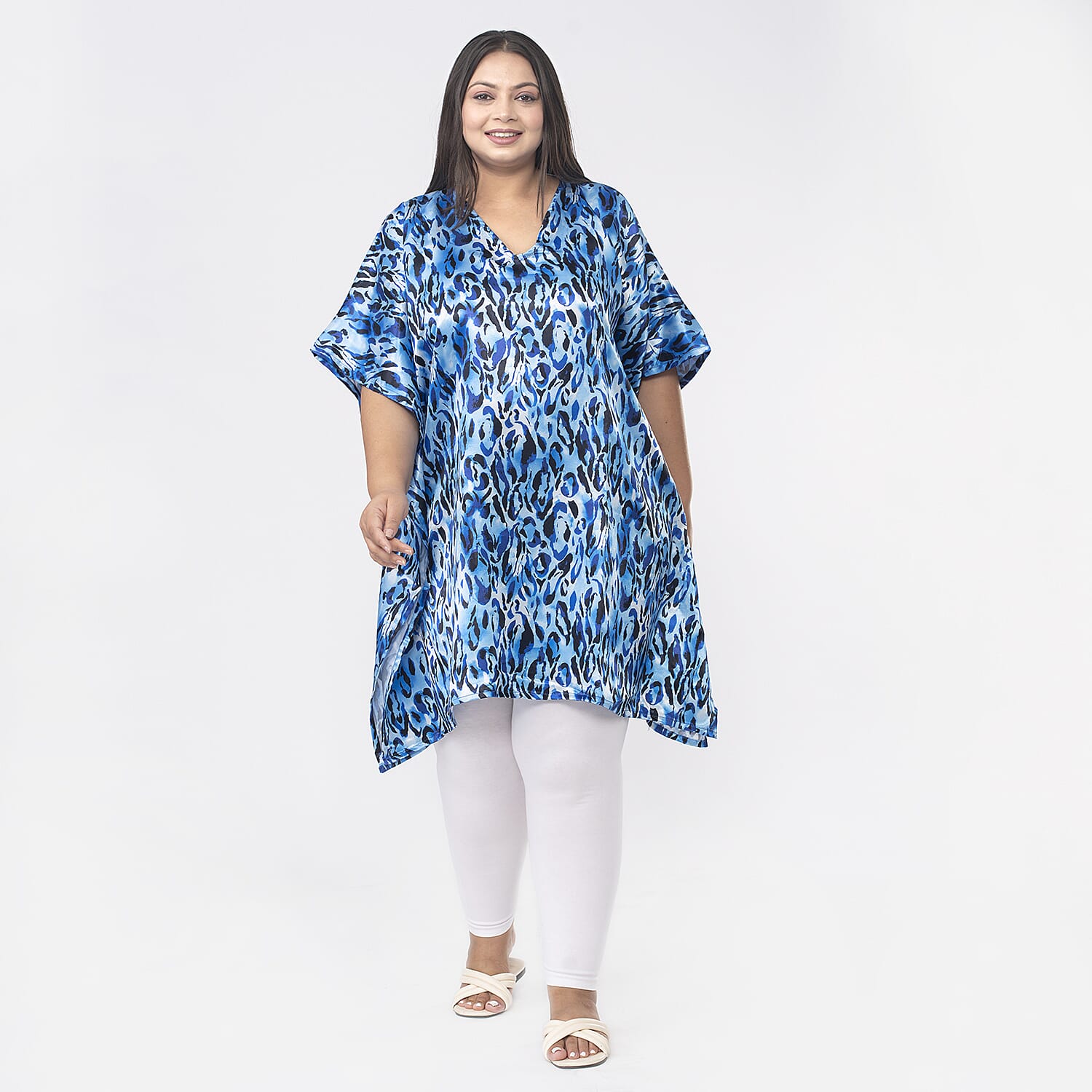 TAMSY Exclusive Blue Leopard Short Kaftan (One Size Curve,20-26) - Blue