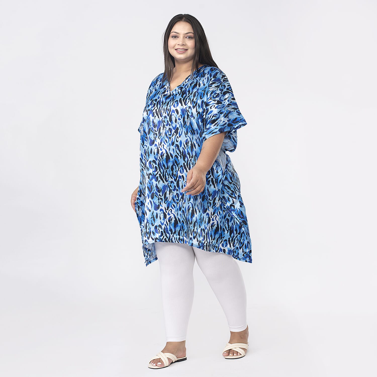 TAMSY Exclusive Blue Leopard Short Kaftan (One Size Curve,20-26) - Blue