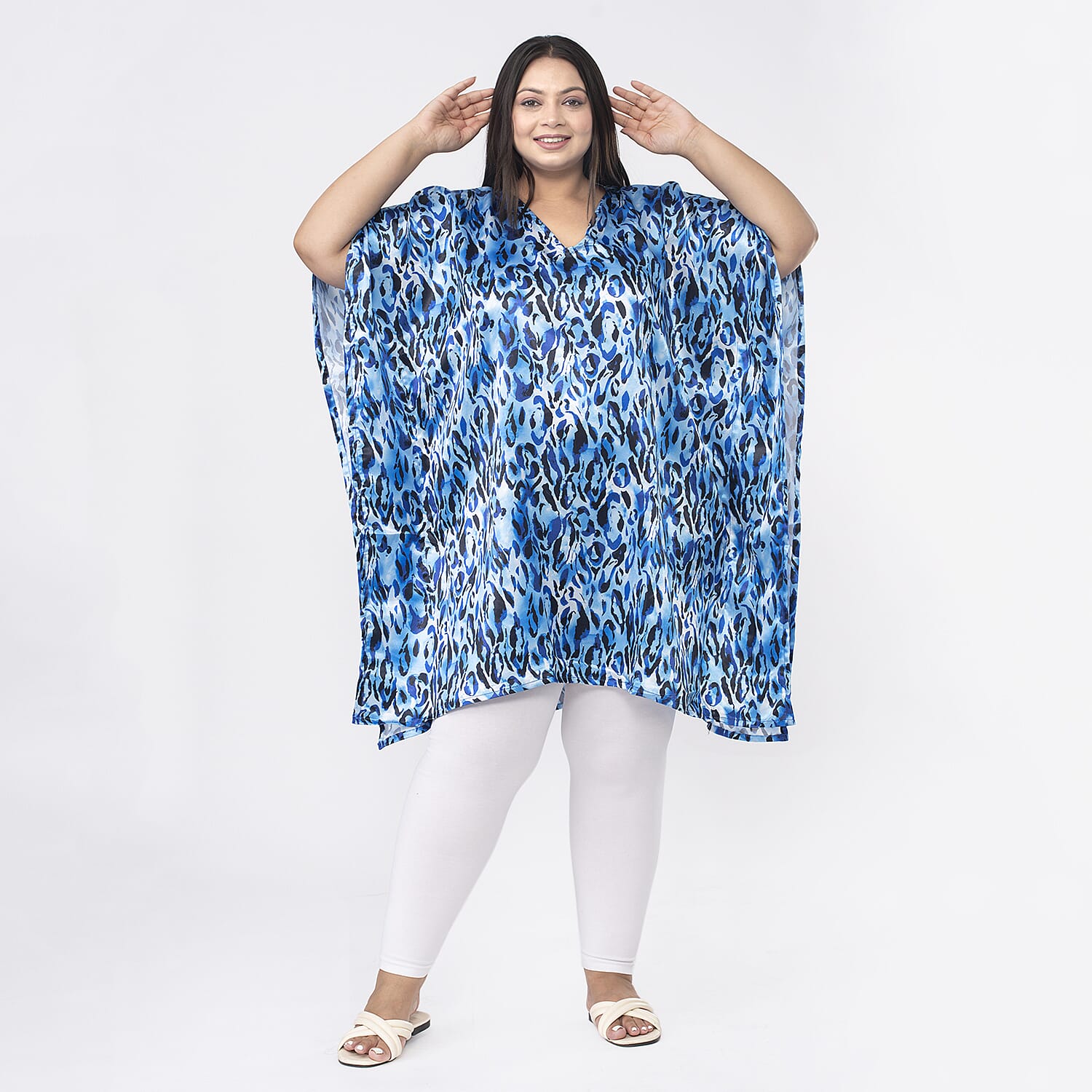 TAMSY Exclusive Blue Leopard Short Kaftan (One Size Curve,20-26) - Blue