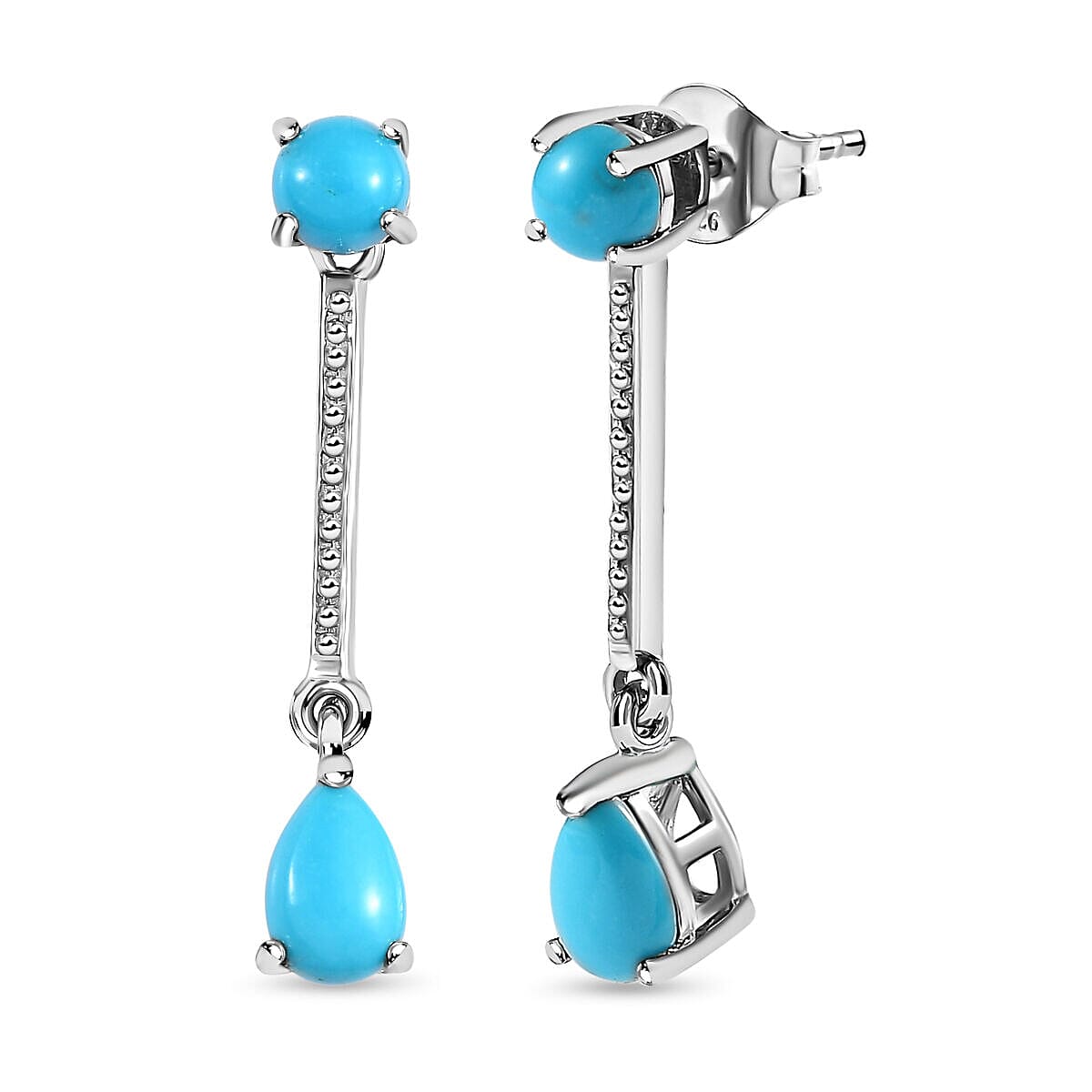 Arizona Sleeping Beauty Turquoise Dangling Earrings (with Push Post) in Platinum Overlay Sterling Silver 1.45 Ct