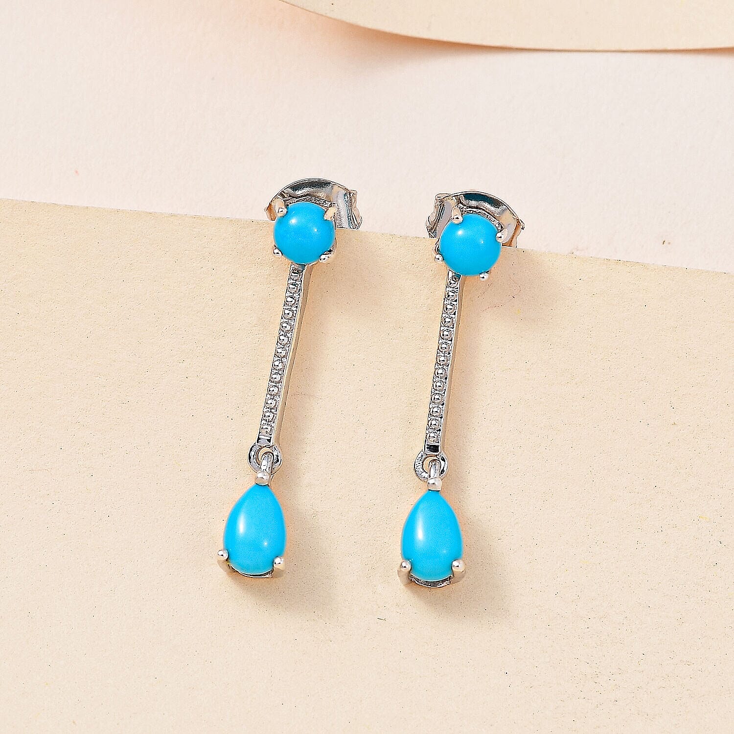 Arizona Sleeping Beauty Turquoise Dangling Earrings (with Push Post) in Platinum Overlay Sterling Silver 1.45 Ct