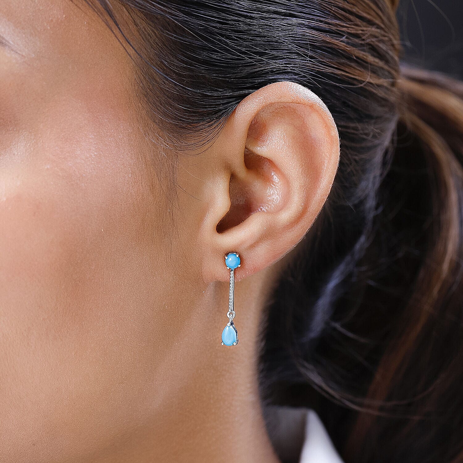 Arizona Sleeping Beauty Turquoise Dangling Earrings (with Push Post) in Platinum Overlay Sterling Silver 1.45 Ct