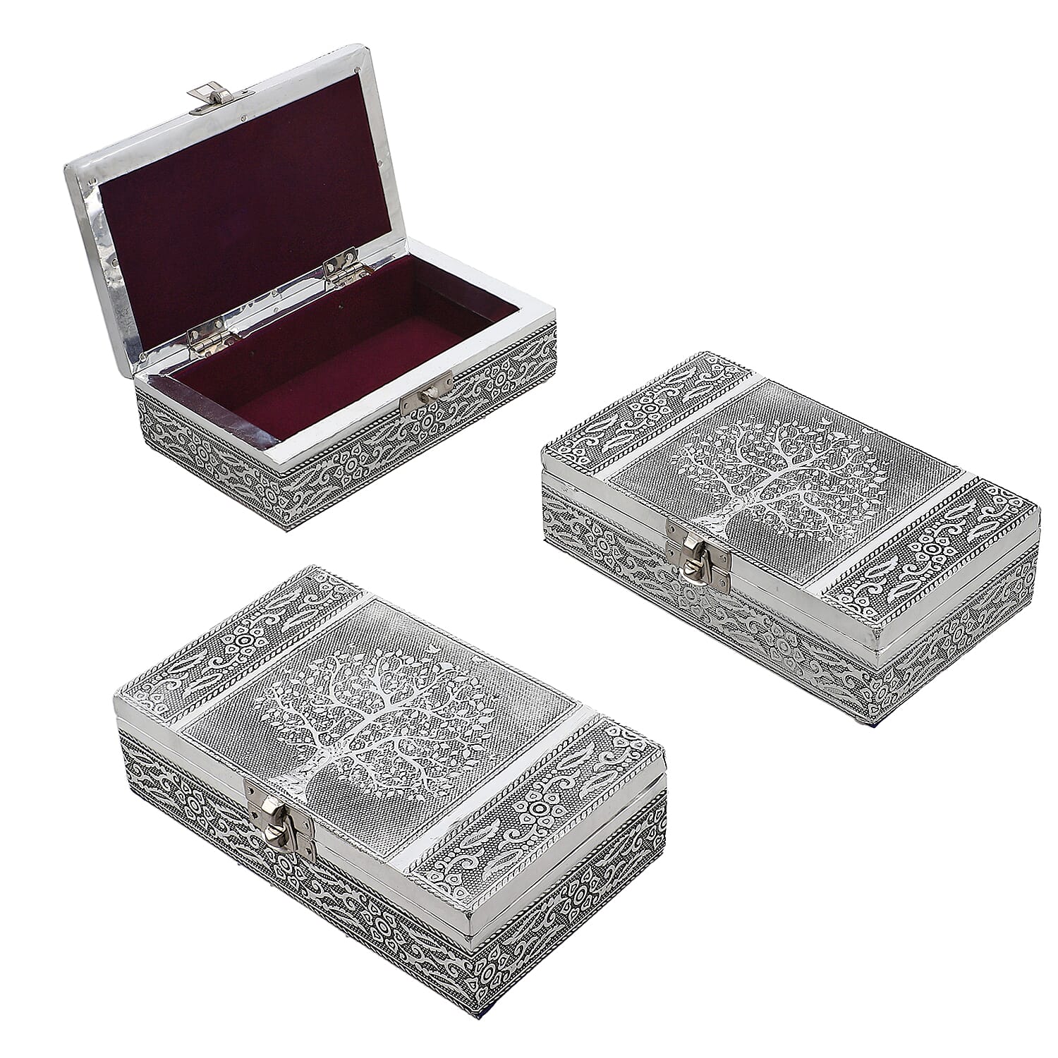 DOD - Set of 3 Handcrafted Aluminium Bird on Tree Top Embossed Storage Box (Size 16x10x4 cm)