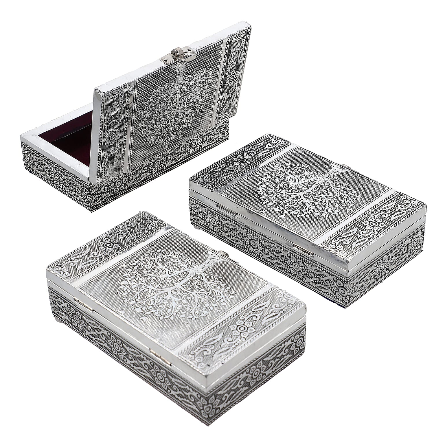 DOD - Set of 3 Handcrafted Aluminium Bird on Tree Top Embossed Storage Box (Size 16x10x4 cm)