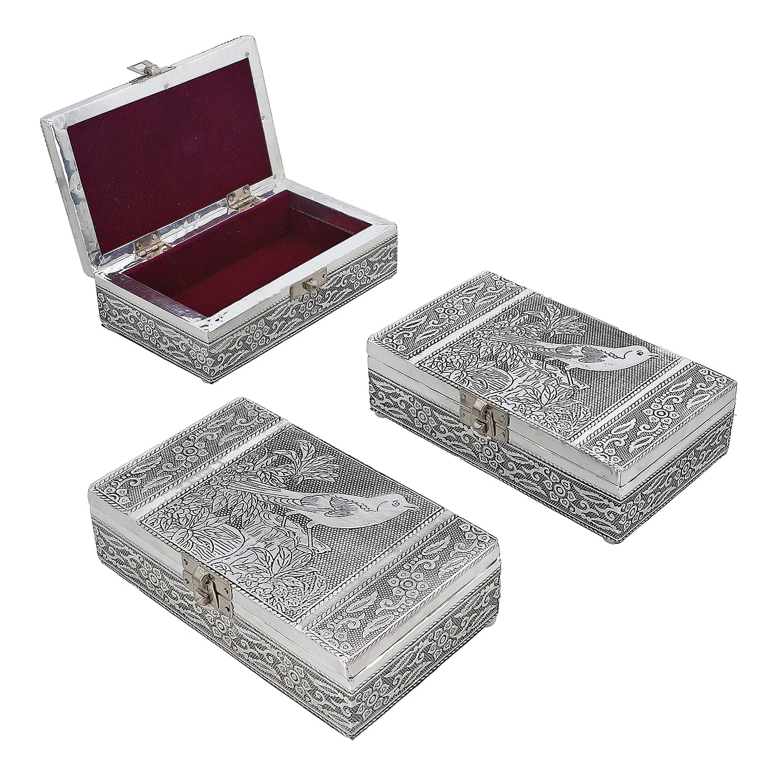 Set of 3 Handcrafted Aluminium Bird on Tree Top Embossed Storage Box (Size 16x10x4 cm)