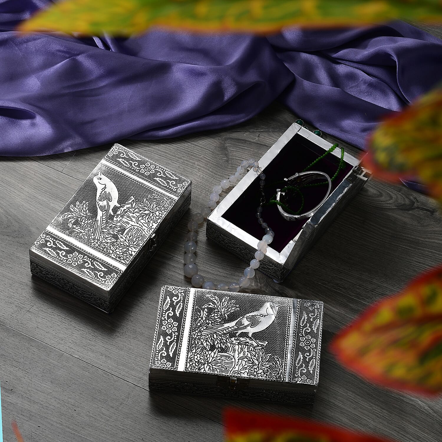 Set of 3 Handcrafted Aluminium Bird on Tree Top Embossed Storage Box (Size 16x10x4 cm)