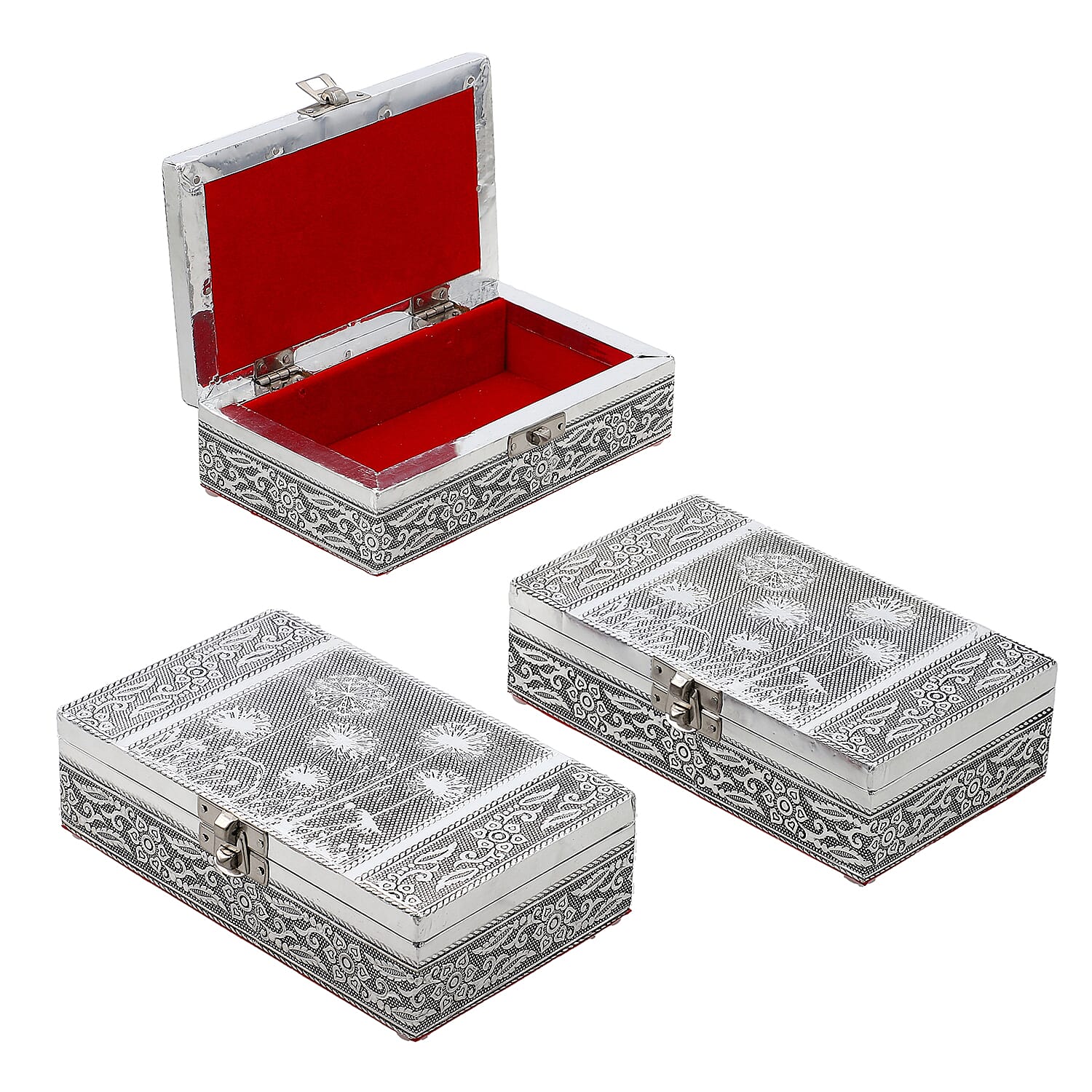 Set of 3 Handcrafted Aluminium Dandelion Flower Embossed Storage Box (Size 16x10x4 cm)
