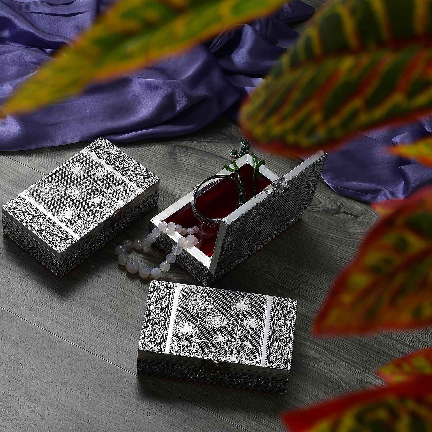 Set of 3 Handcrafted Aluminium Dandelion Flower Embossed Storage Box (Size 16x10x4 cm)