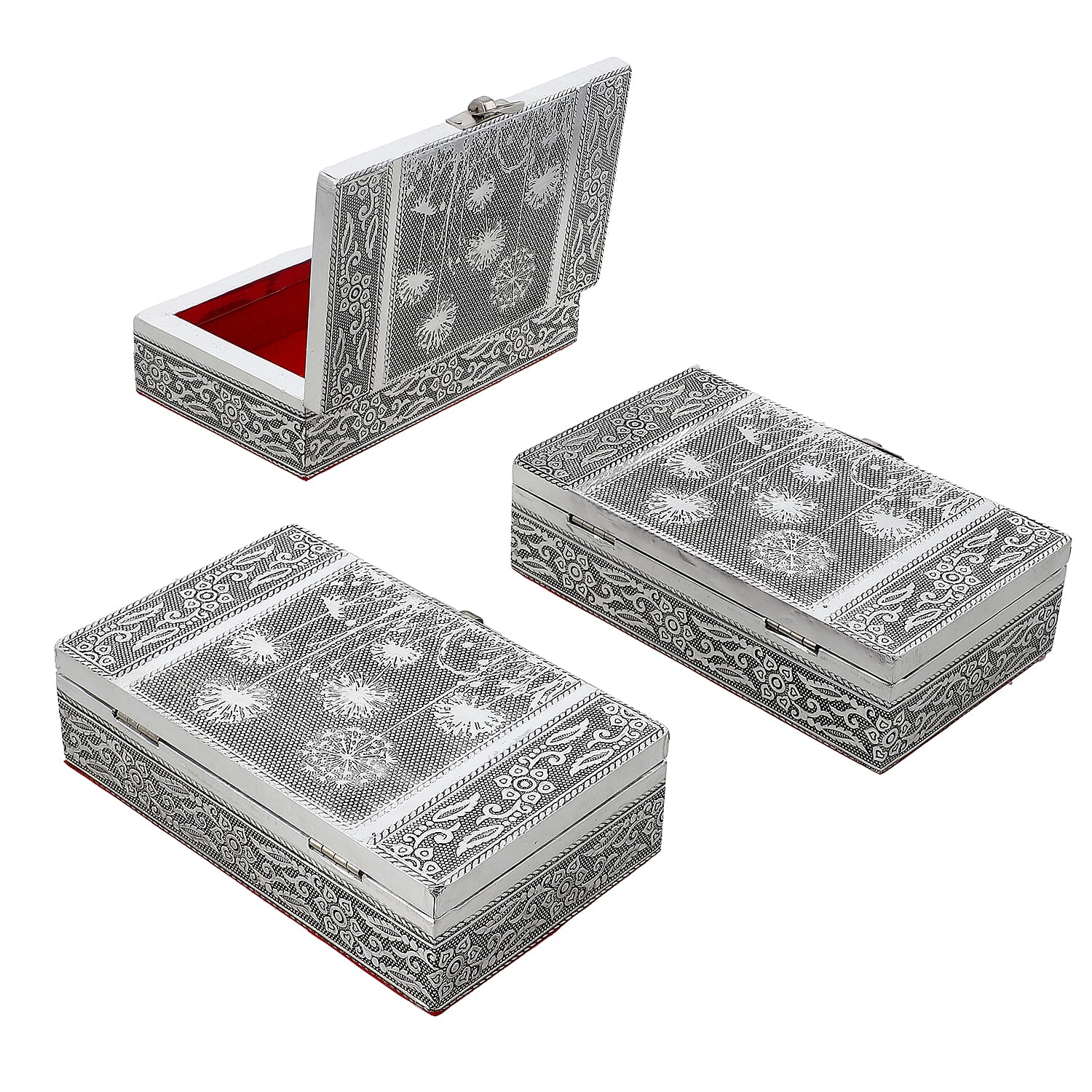 Set of 3 Handcrafted Aluminium Dandelion Flower Embossed Storage Box (Size 16x10x4 cm)