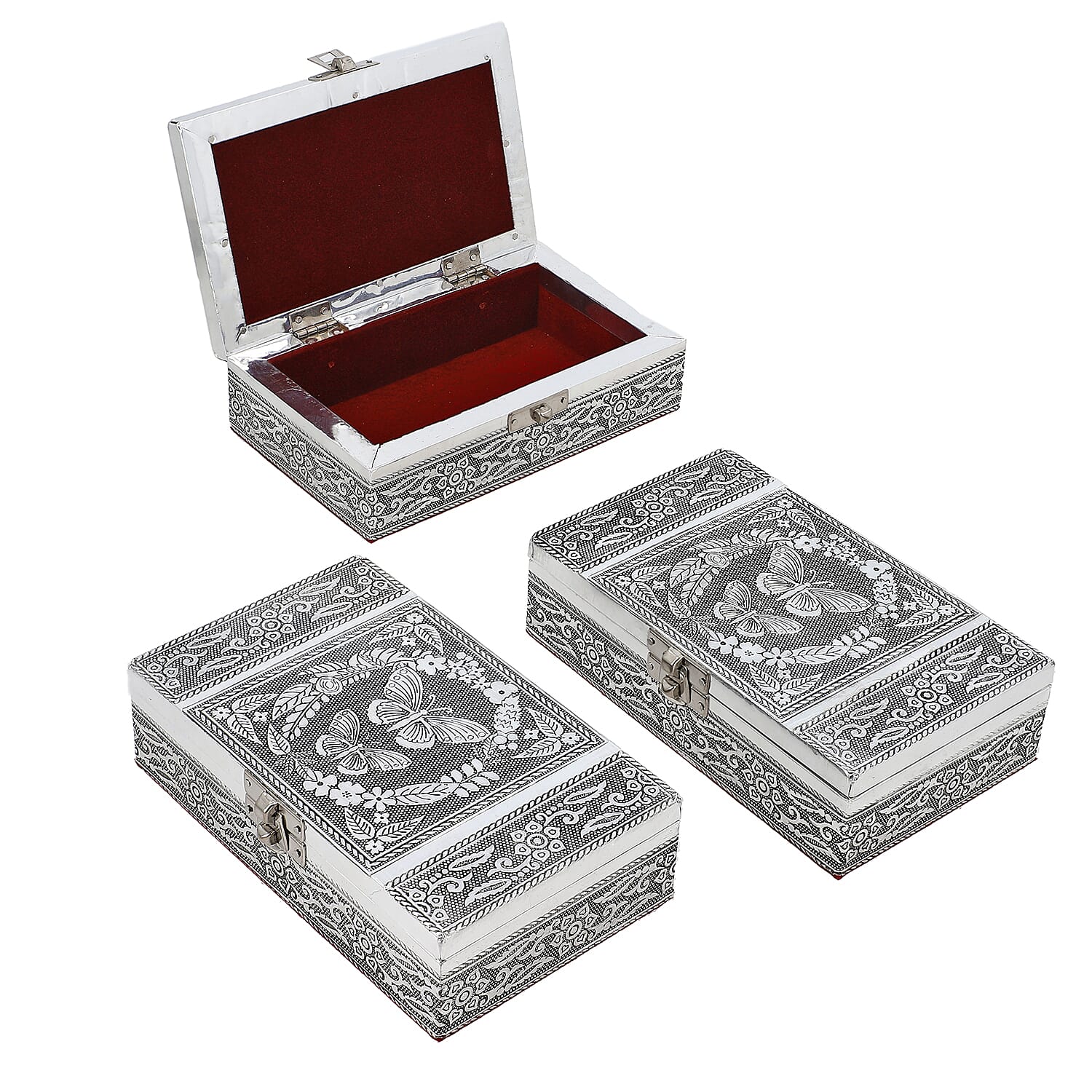 Set of 3 Handcrafted Aluminium Butterfly Embossed Storage Box (Size 16x10x4 cm)