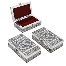 DOD - Set of 3 Handcrafted Aluminium Bird on Tree Top Embossed Storage Box (Size 16x10x4 cm)