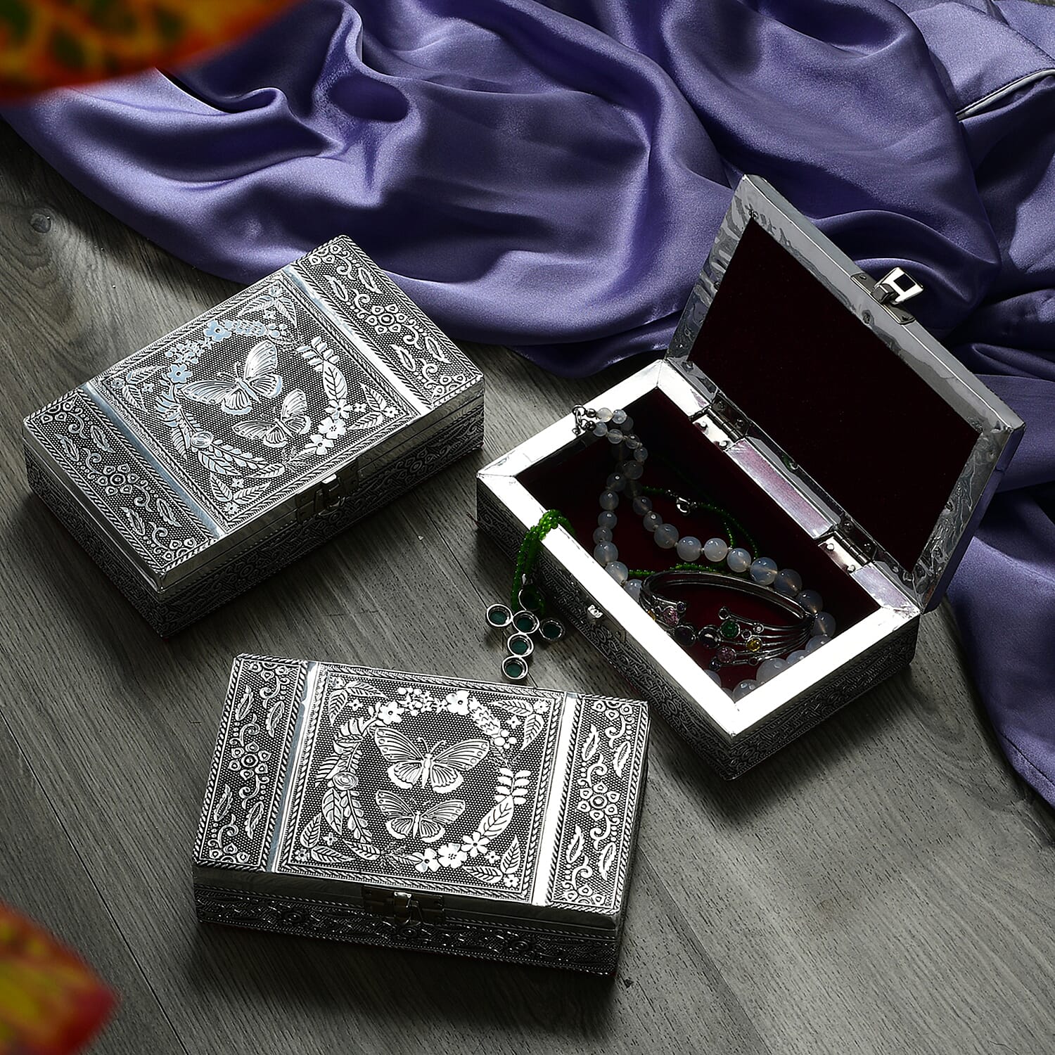 Set of 3 Handcrafted Aluminium Butterfly Embossed Storage Box (Size 16x10x4 cm)