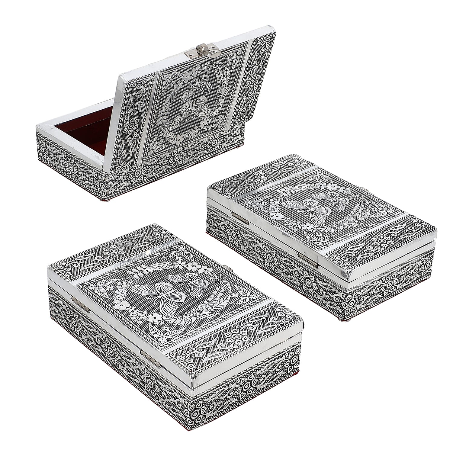 Set of 3 Handcrafted Aluminium Butterfly Embossed Storage Box (Size 16x10x4 cm)