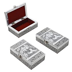 DOD - Set of 3 Handcrafted Aluminium Bird on Tree Top Embossed Storage Box (Size 16x10x4 cm)