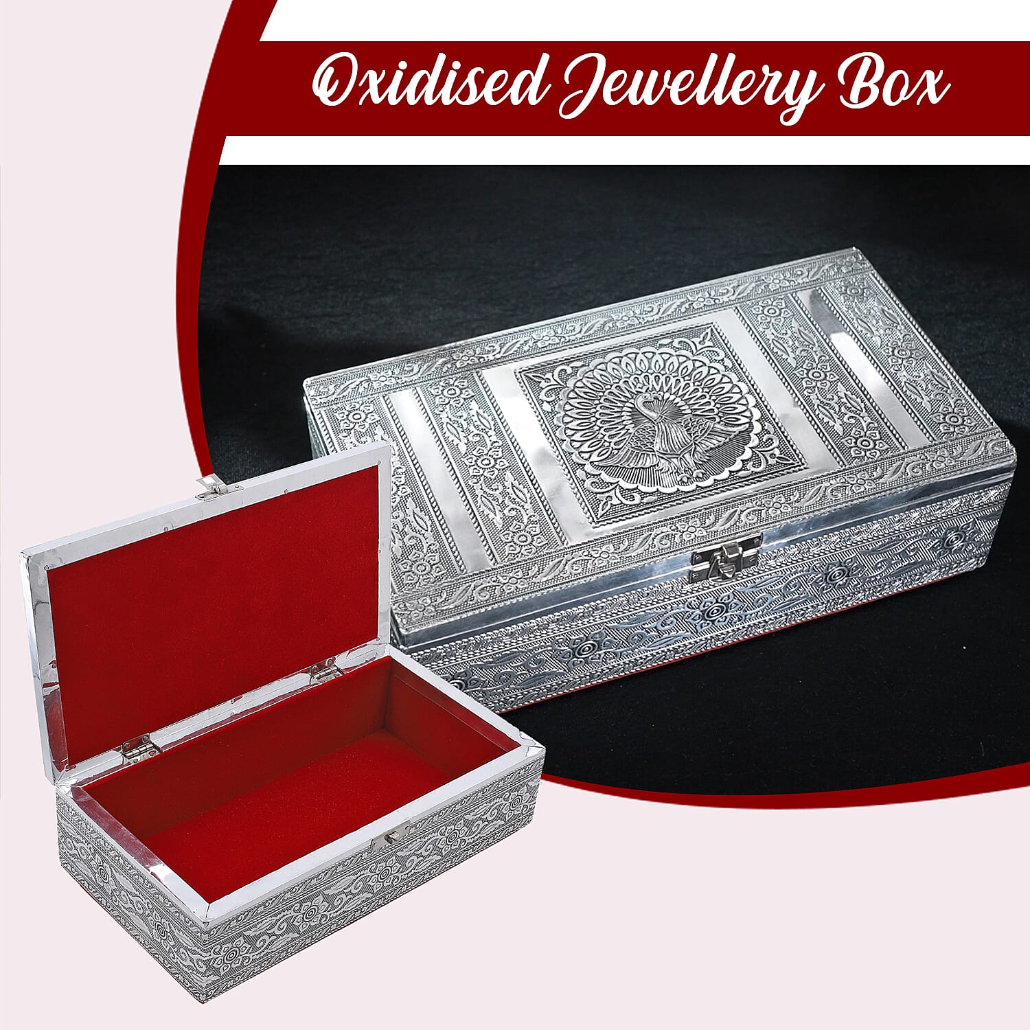 Handcrafted Aluminium Peacock Embossed Storage Box (Size 27x15x7 cm) - Silver