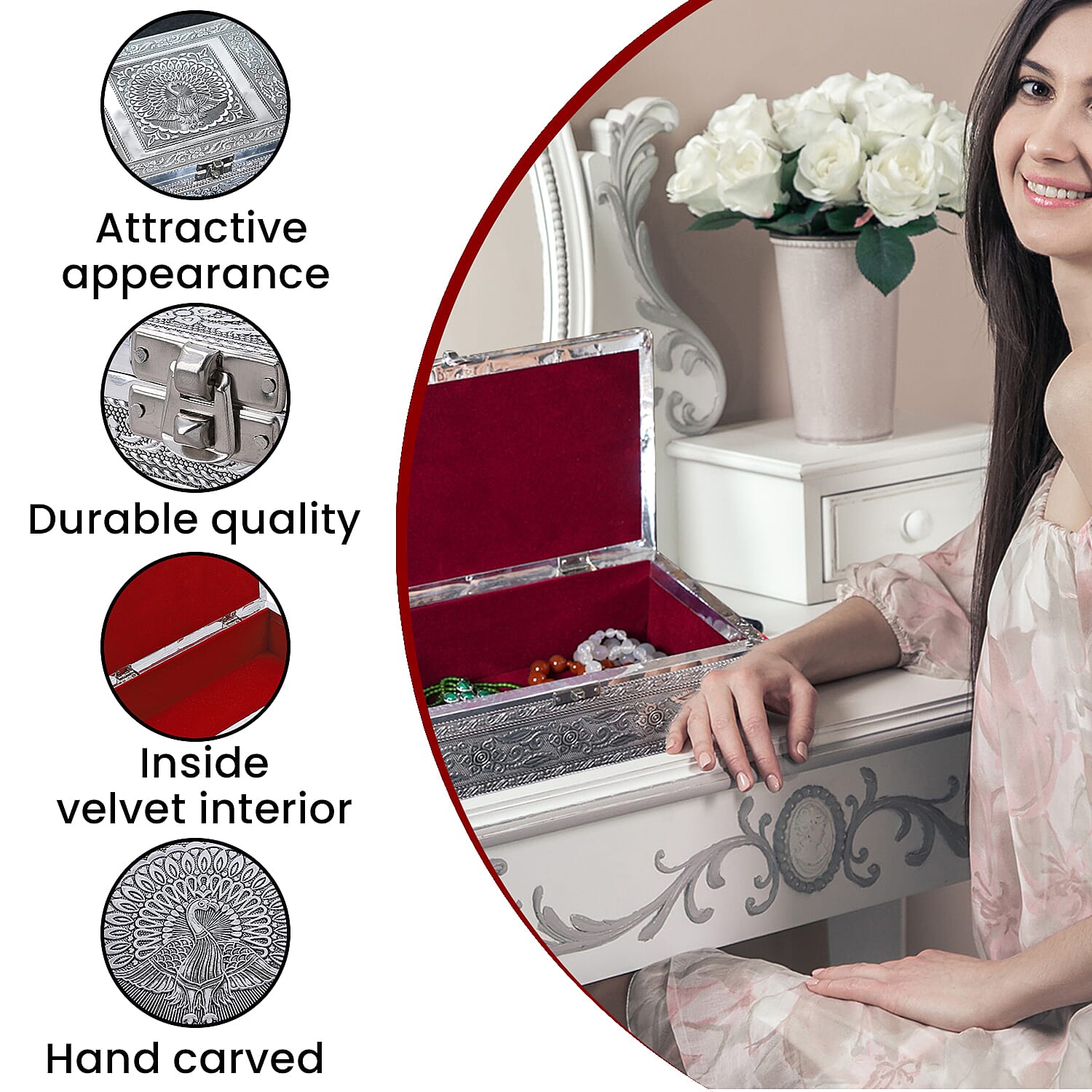 Handcrafted Aluminium Peacock Embossed Storage Box (Size 27x15x7 cm) - Silver