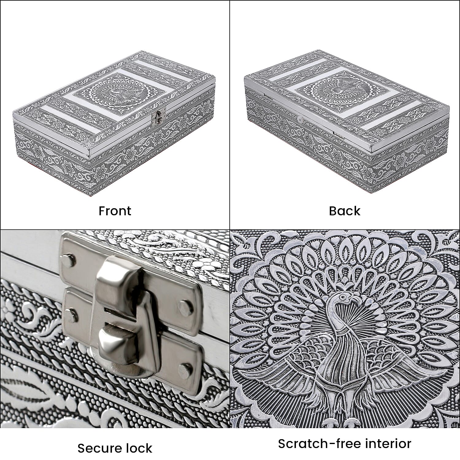 Handcrafted Aluminium Peacock Embossed Storage Box (Size 27x15x7 cm) - Silver