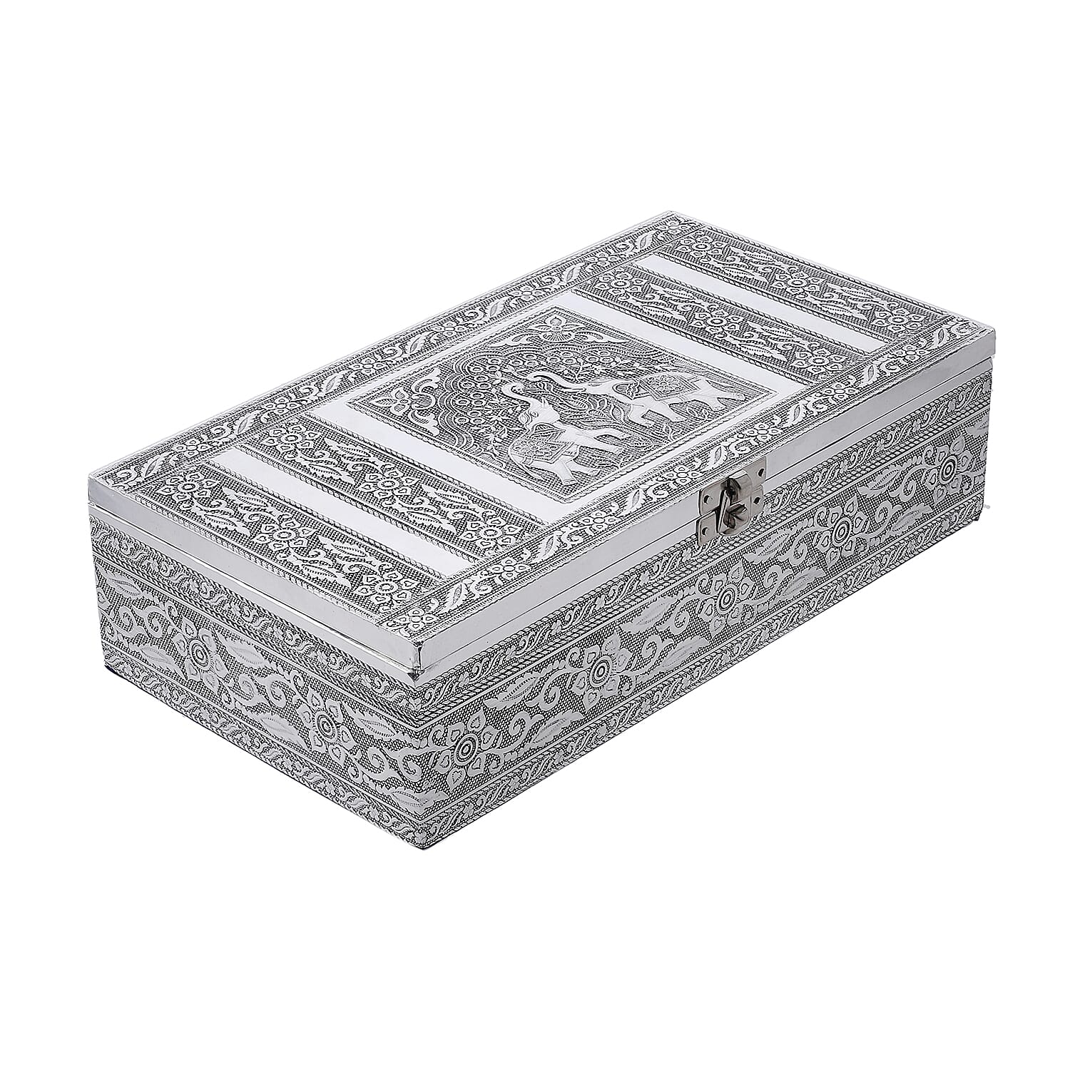Handcrafted Aluminium Elephant Embossed Storage Box (Size 27x15x7 cm) - Silver