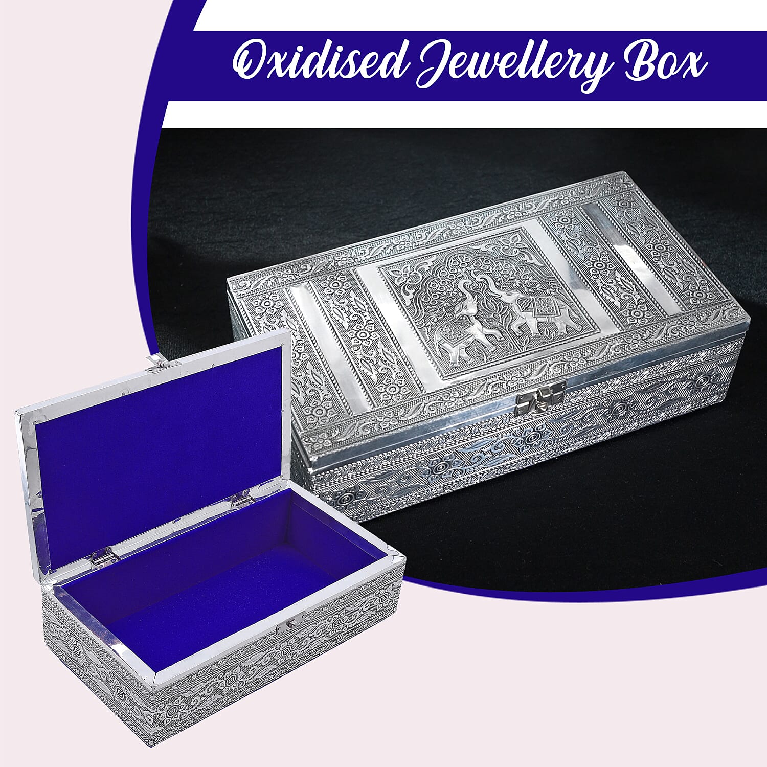 Handcrafted Aluminium Elephant Embossed Storage Box (Size 27x15x7 cm) - Silver