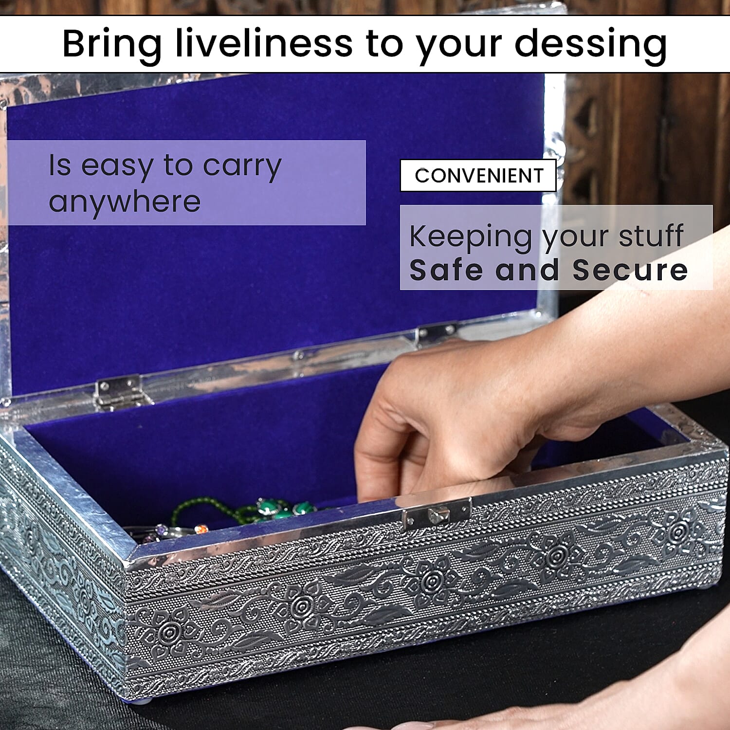 Handcrafted Aluminium Elephant Embossed Storage Box (Size 27x15x7 cm) - Silver