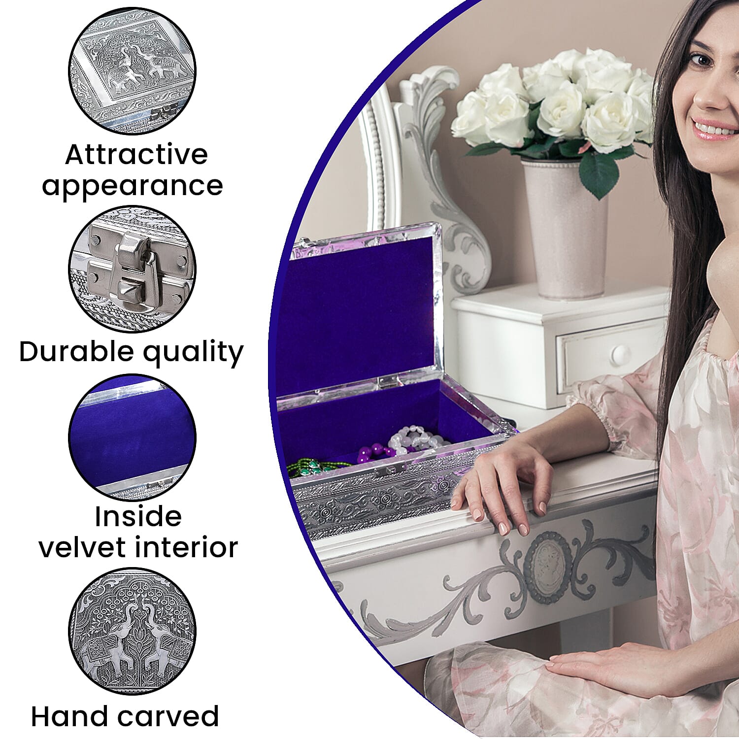 Handcrafted Aluminium Elephant Embossed Storage Box (Size 27x15x7 cm) - Silver