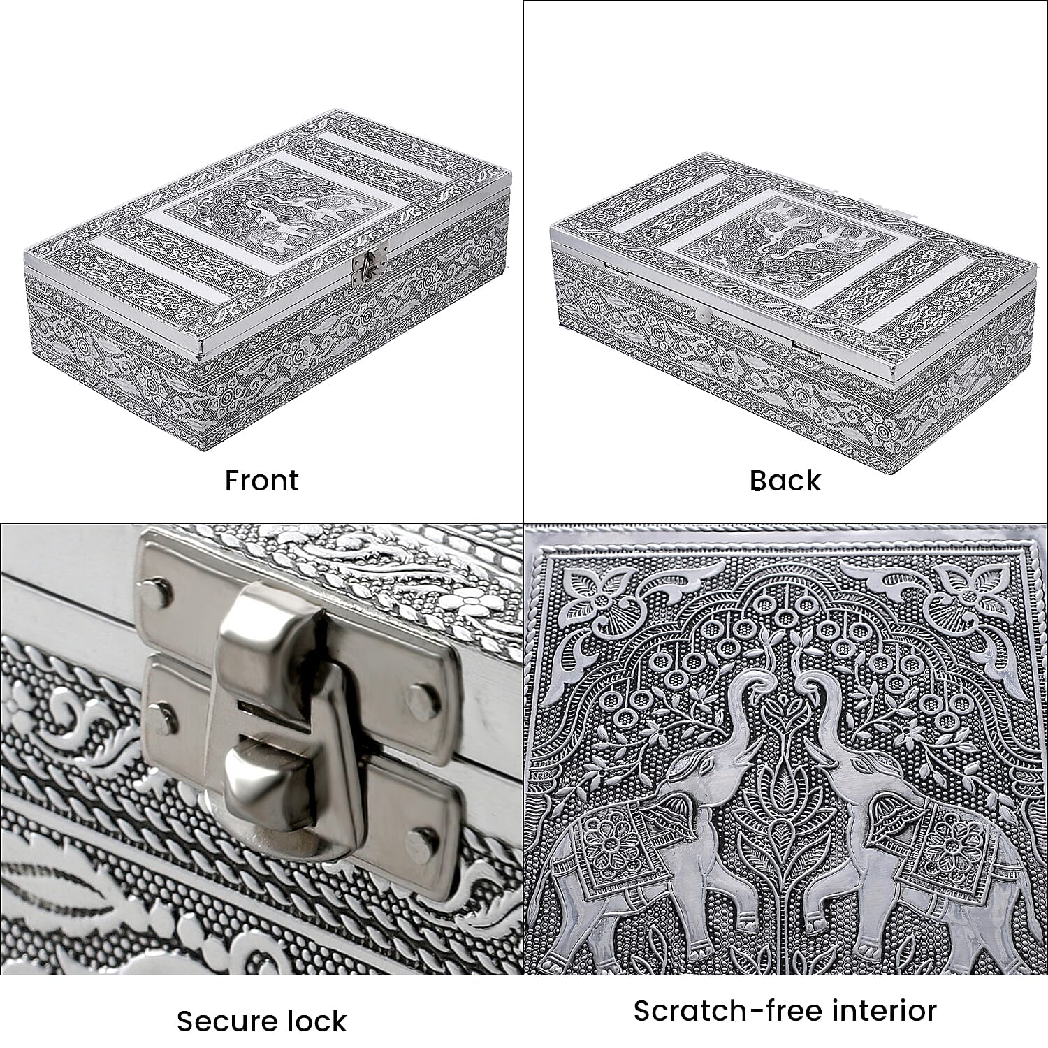 Handcrafted Aluminium Elephant Embossed Storage Box (Size 27x15x7 cm) - Silver
