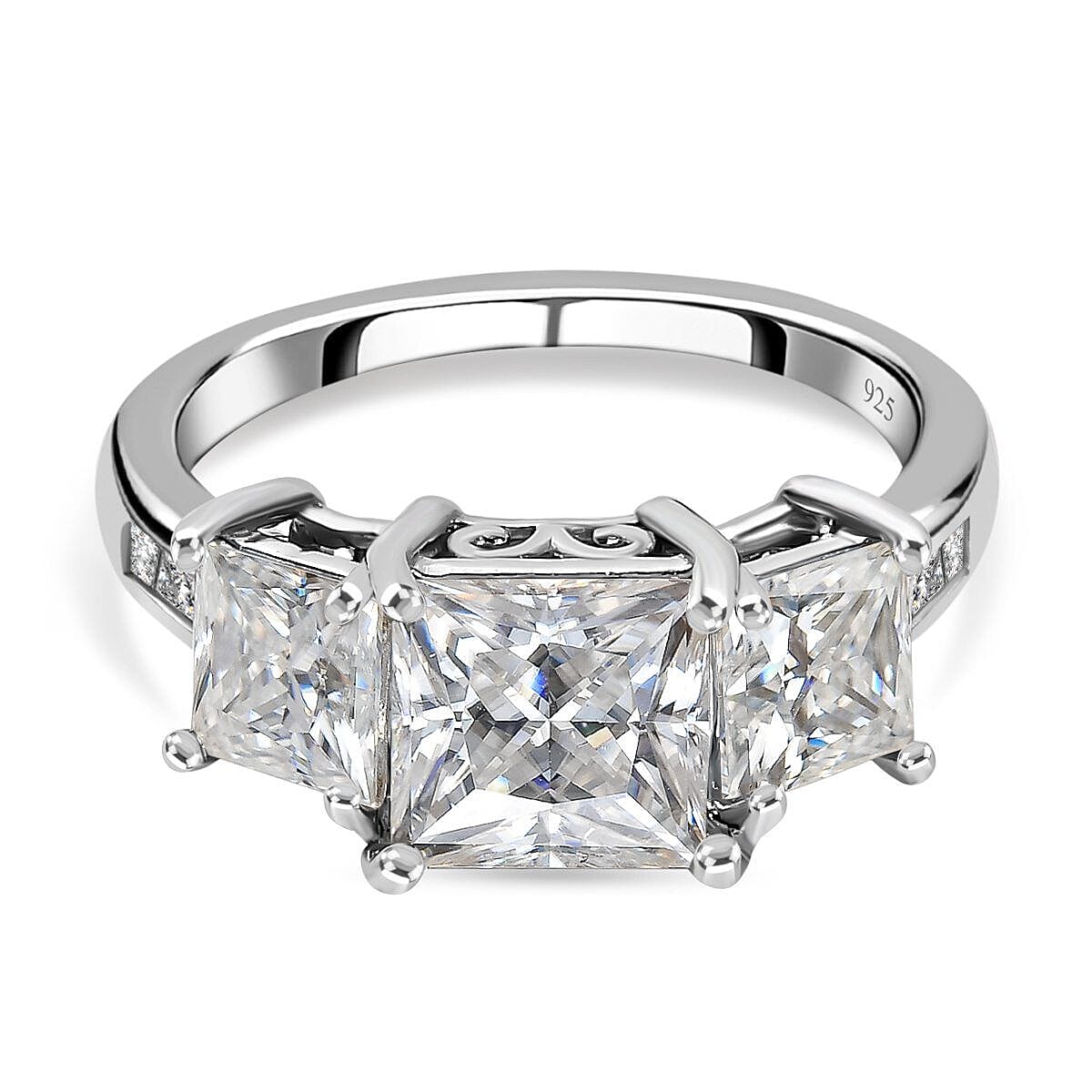 Moissanite 3 Stone Ring in Platinum Overlay Sterling Silver 3.388 Ct.