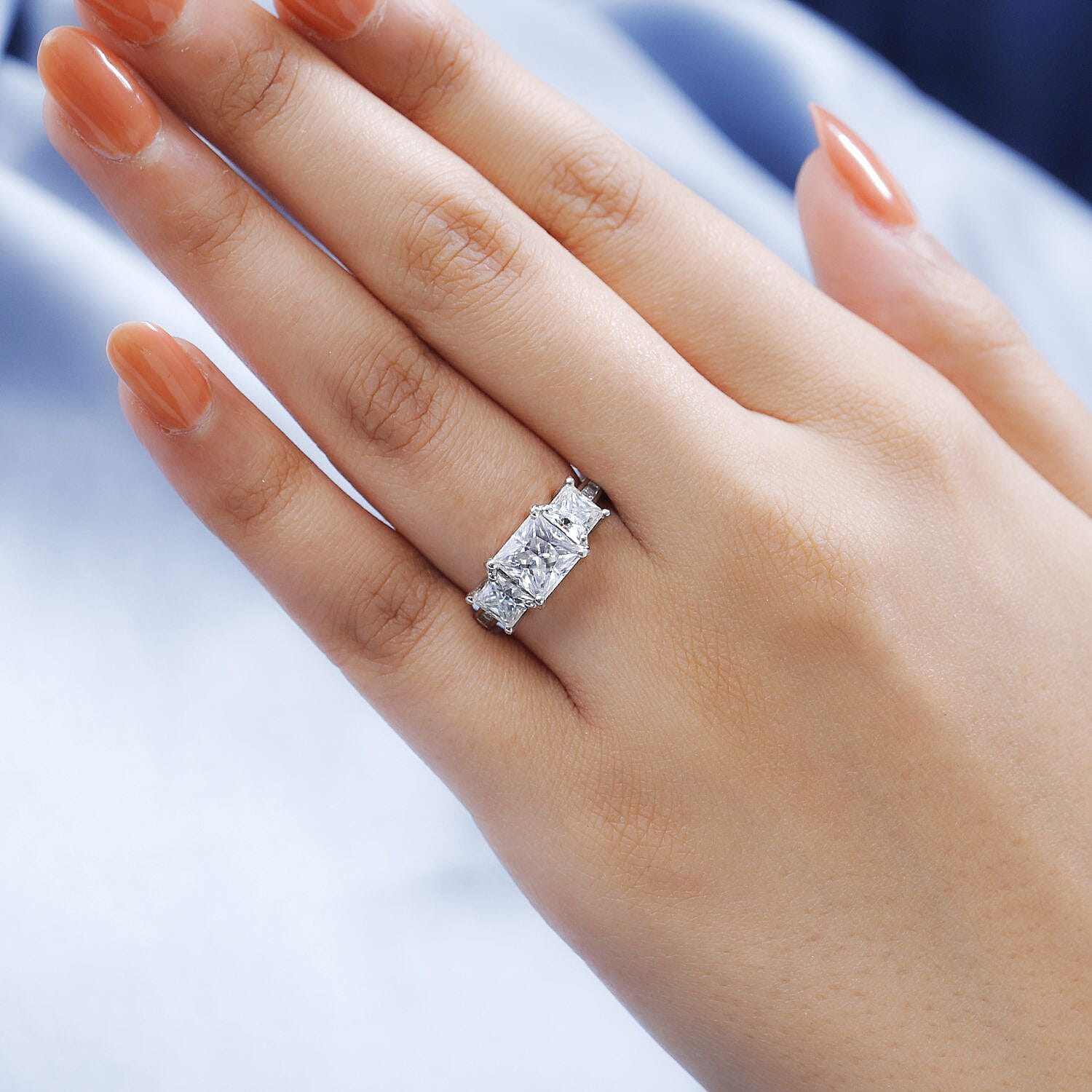 Moissanite 3 Stone Ring in Platinum Overlay Sterling Silver 3.388 Ct.