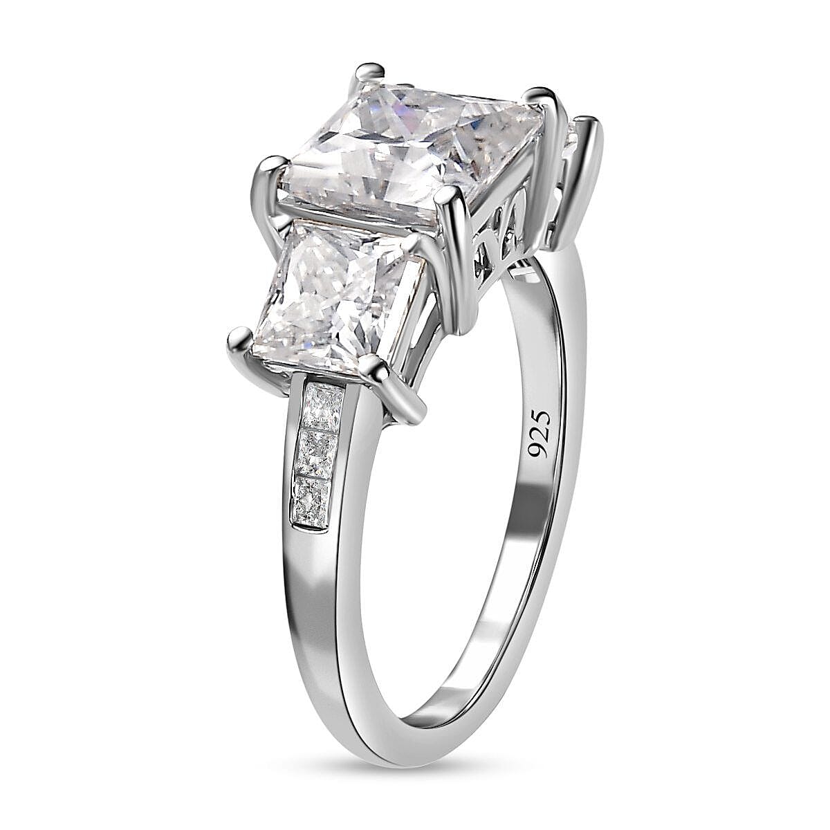 Moissanite 3 Stone Ring in Platinum Overlay Sterling Silver 3.388 Ct.