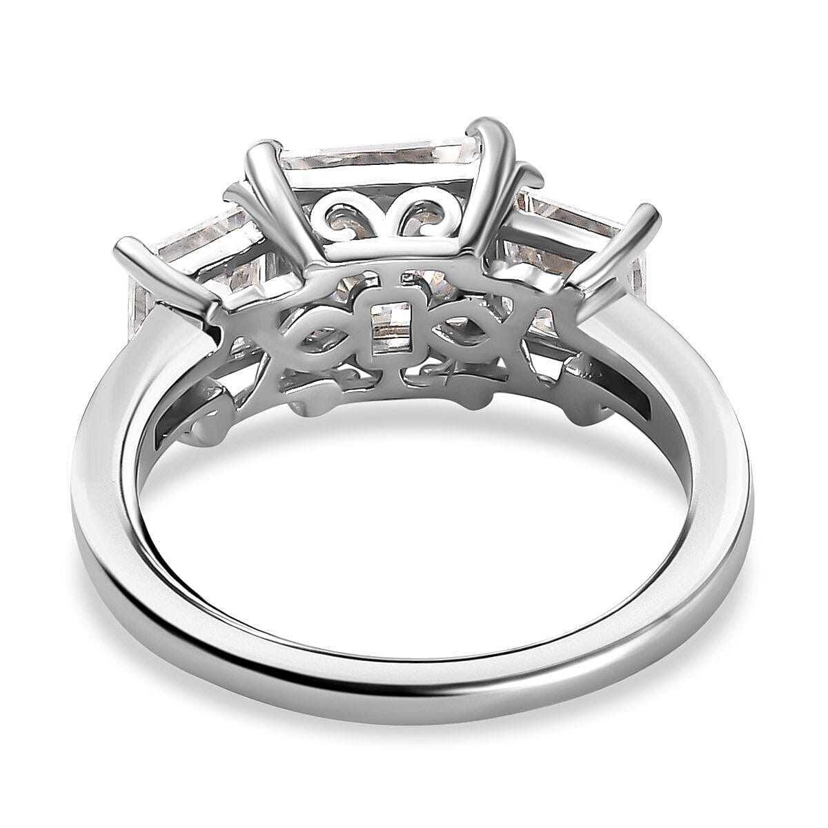Moissanite 3 Stone Ring in Platinum Overlay Sterling Silver 3.388 Ct.