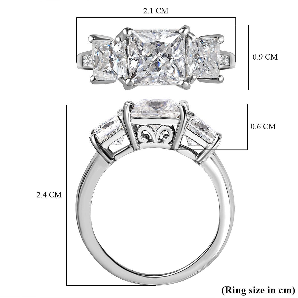 Moissanite 3 Stone Ring in Platinum Overlay Sterling Silver 3.388 Ct.