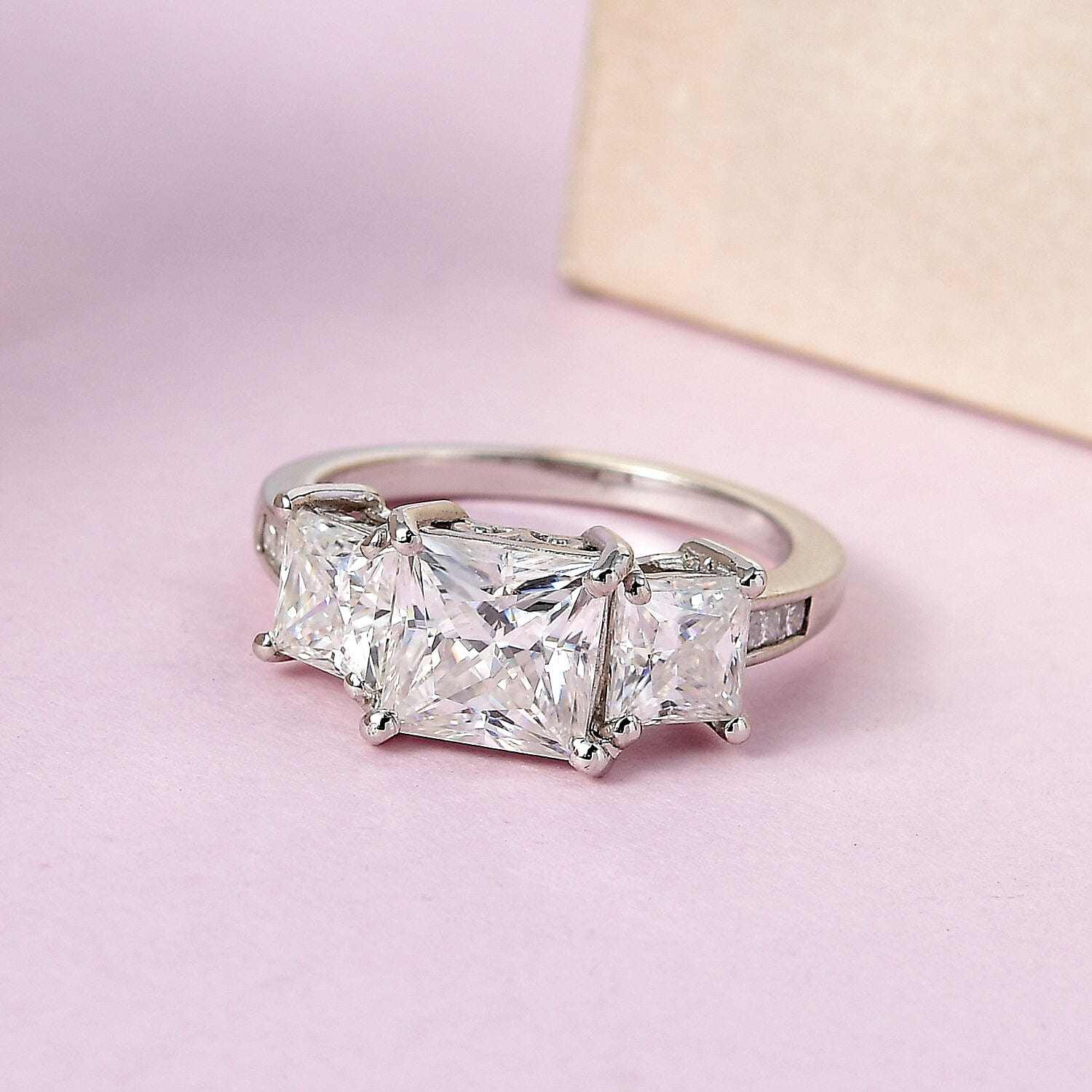 Moissanite 3 Stone Ring in Platinum Overlay Sterling Silver 3.388 Ct.