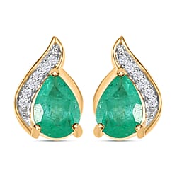 9K Yellow Gold AA Zambian Emerald and Diamond I3 - G-H (Push Post) Solitaire Earrings 1.282 Ct.
