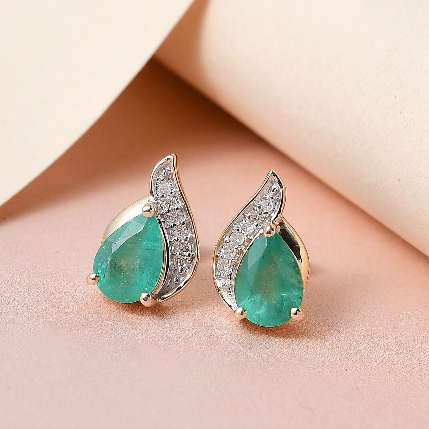 9K Yellow Gold AA Zambian Emerald and Diamond I3 - G-H (Push Post) Solitaire Earrings 1.282 Ct.