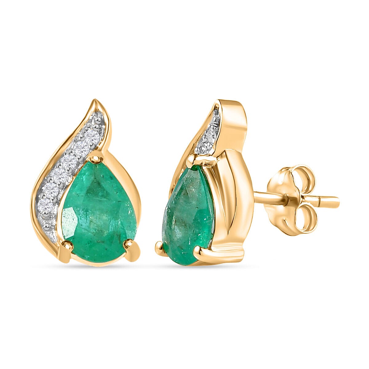 9K Yellow Gold AA Zambian Emerald and Diamond I3 - G-H (Push Post) Solitaire Earrings 1.282 Ct.