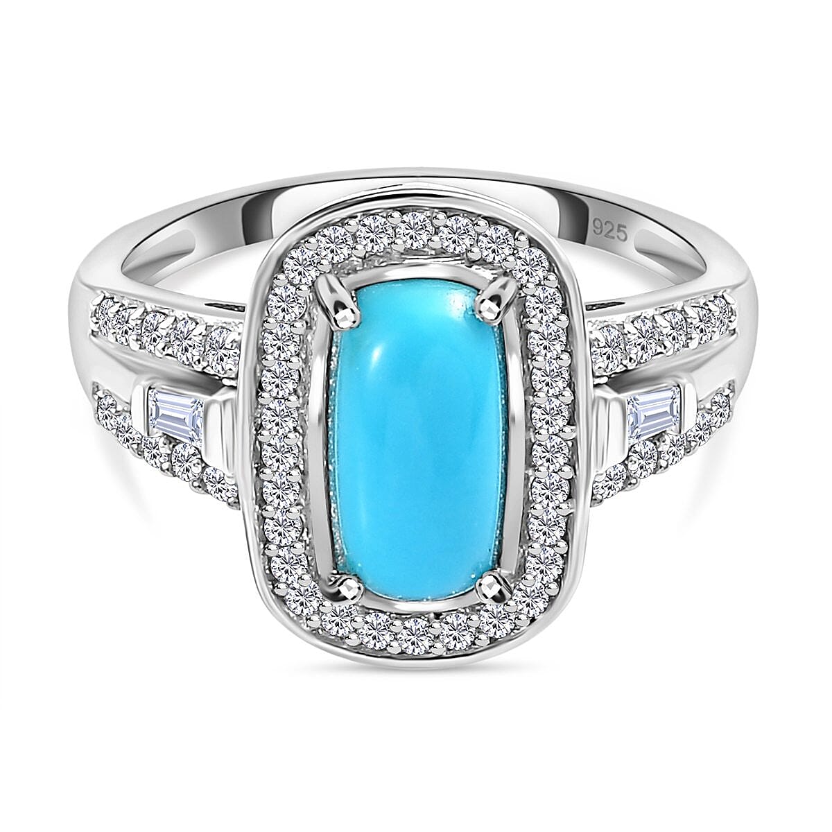 Arizona Sleeping Beauty Turquoise and Natural Zircon Halo Ring in Platinum Overlay Sterling Silver 2.18 Ct