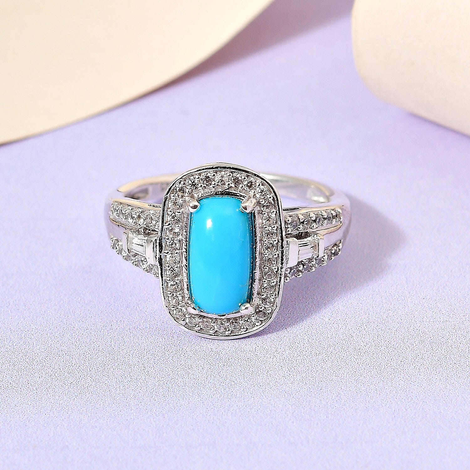 Arizona Sleeping Beauty Turquoise and Natural Zircon Halo Ring in Platinum Overlay Sterling Silver 2.18 Ct