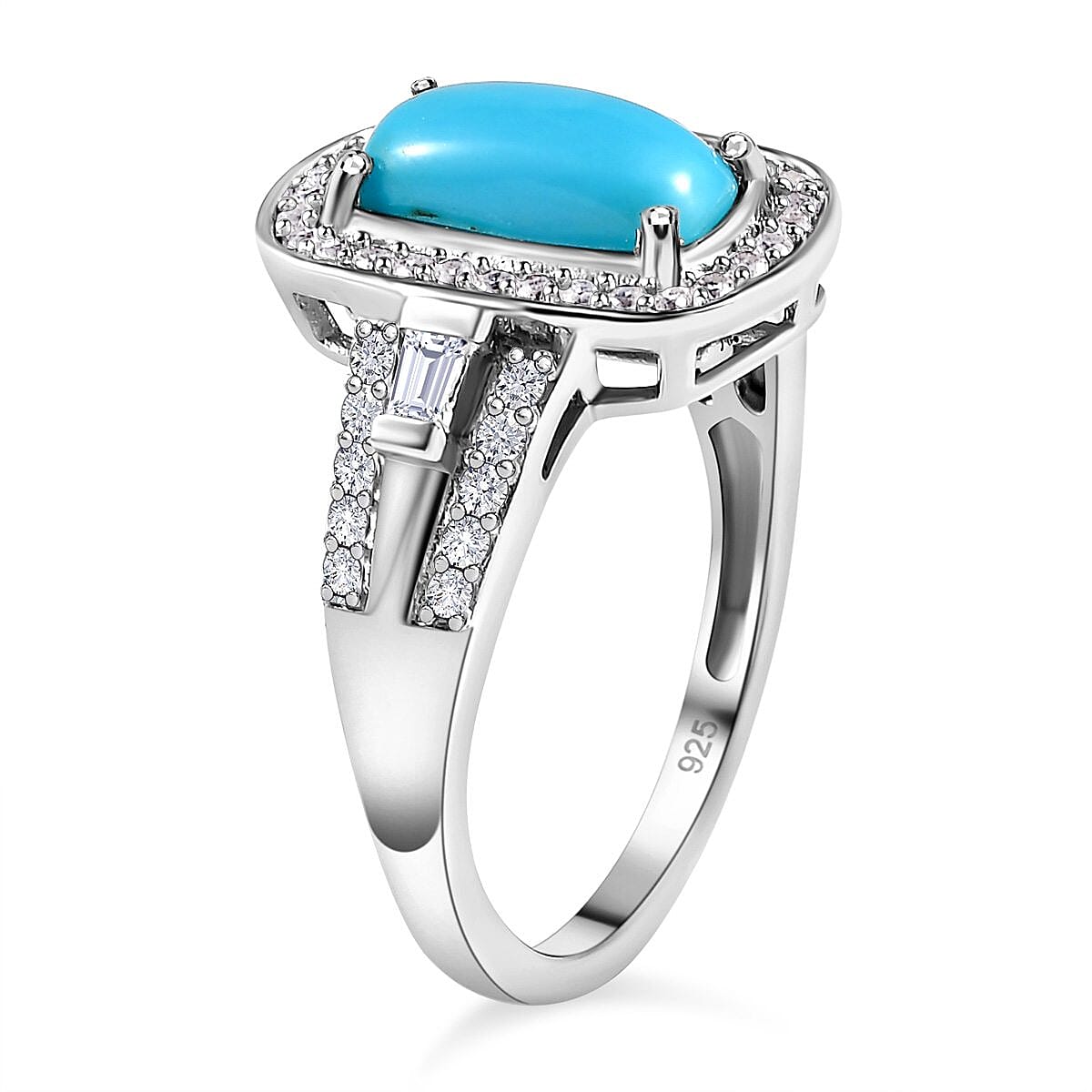Arizona Sleeping Beauty Turquoise and Natural Zircon Halo Ring in Platinum Overlay Sterling Silver 2.18 Ct