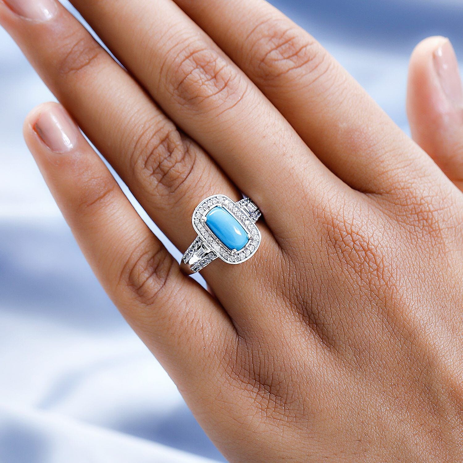 Arizona Sleeping Beauty Turquoise and Natural Zircon Halo Ring in Platinum Overlay Sterling Silver 2.18 Ct
