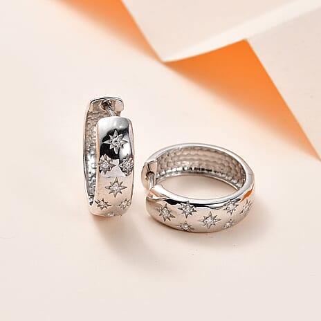 Moissanite  Full Hoop Earrings (with Clasps) in Platinum Overlay Sterling Silver, Silver Wt. 5.15 Gms