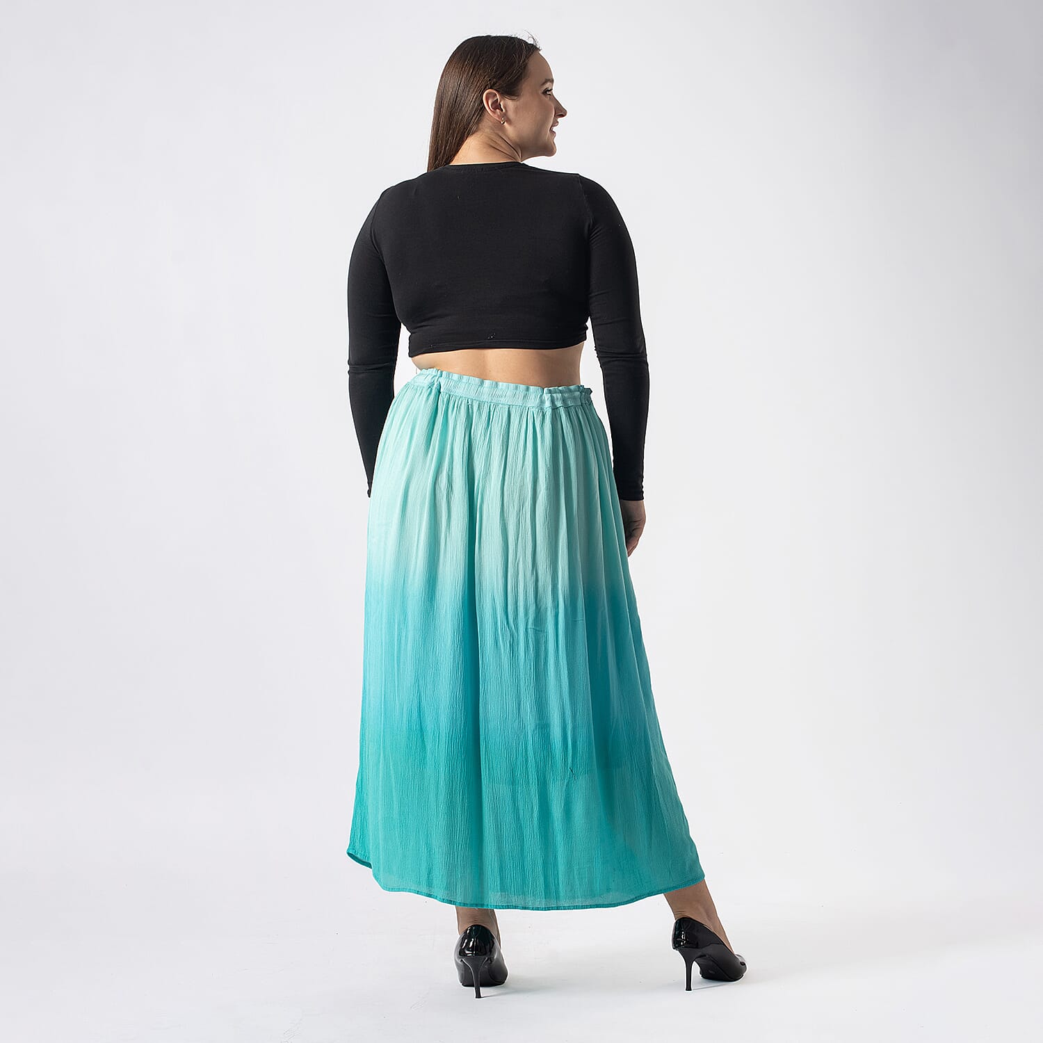 Tamsy Viscose Ombre Long Skirt (Size S, 8-10) - Turquoise