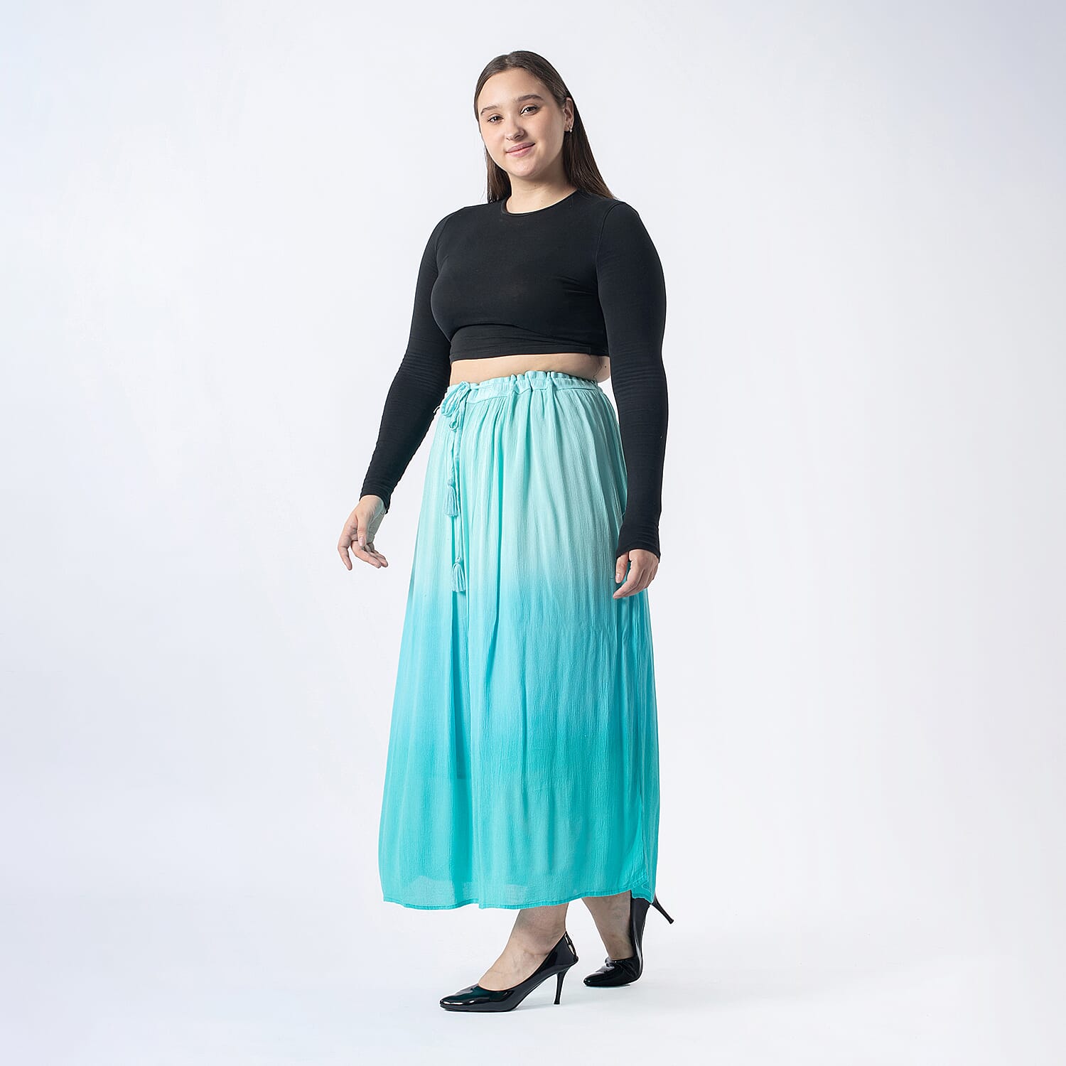 Tamsy Viscose Ombre Long Skirt (Size S, 8-10) - Turquoise