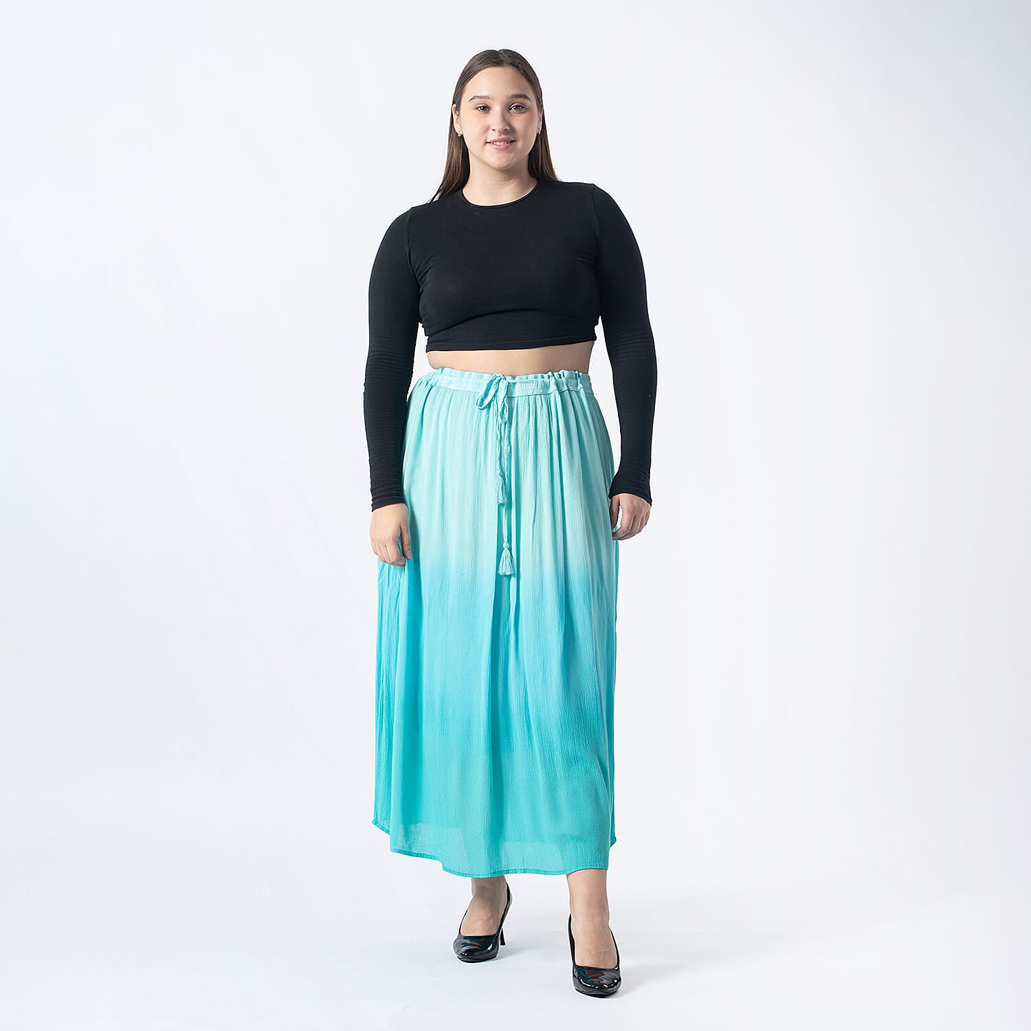 Tamsy Viscose Ombre Long Skirt (Size M, 12-14) - Turquoise