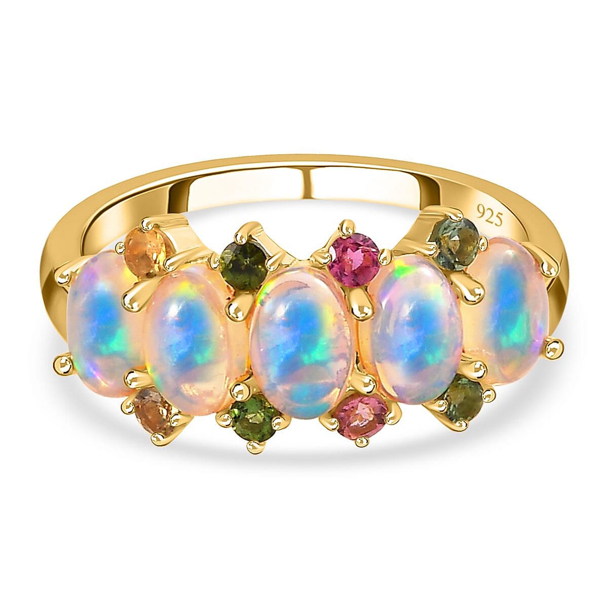 Ethiopian Welo Opal and Multi-Tourmaline Ring in 18K Vermeil Yellow Gold Plated Sterling Silver 1.75 Ct