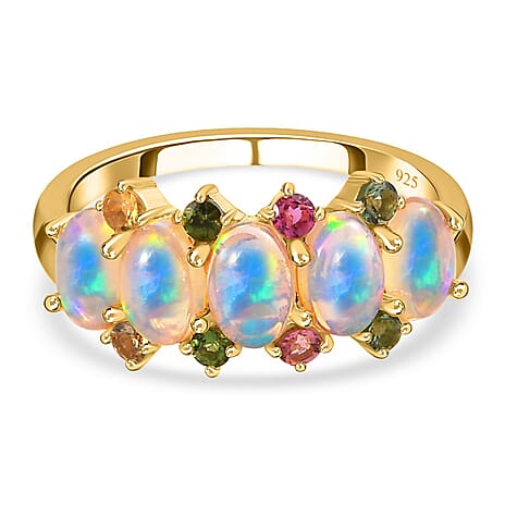 Ethiopian Welo Opal and Multi-Tourmaline Ring in 18K Vermeil Yellow Gold Plated Sterling Silver 1.75 Ct