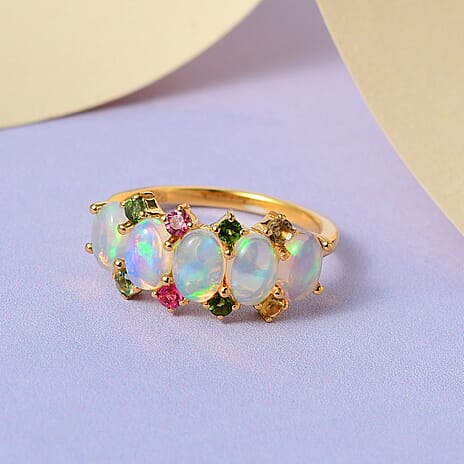 Ethiopian Welo Opal and Multi-Tourmaline Ring in 18K Vermeil Yellow Gold Plated Sterling Silver 1.75 Ct