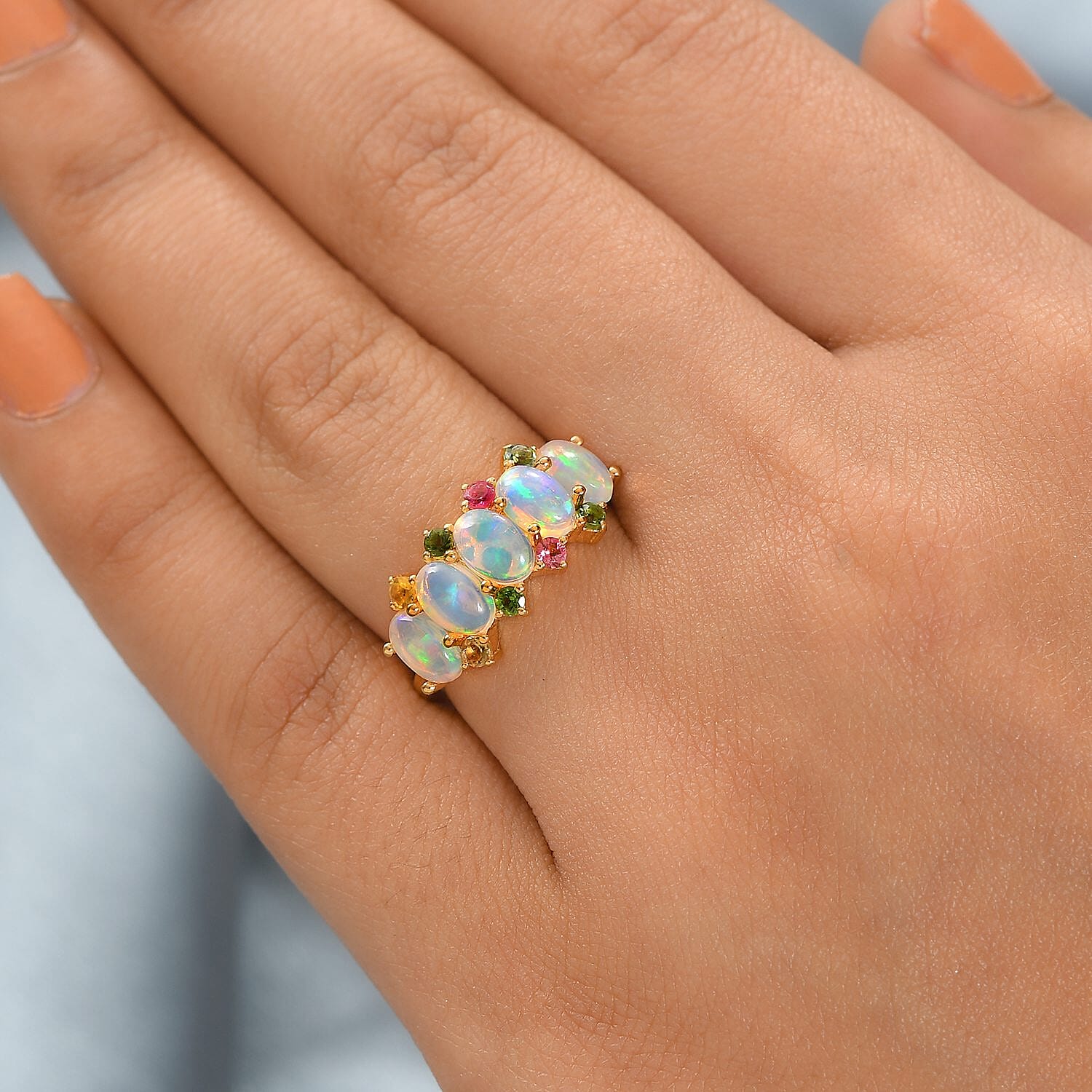 Ethiopian Welo Opal and Multi-Tourmaline Ring in 18K Vermeil Yellow Gold Plated Sterling Silver 1.75 Ct